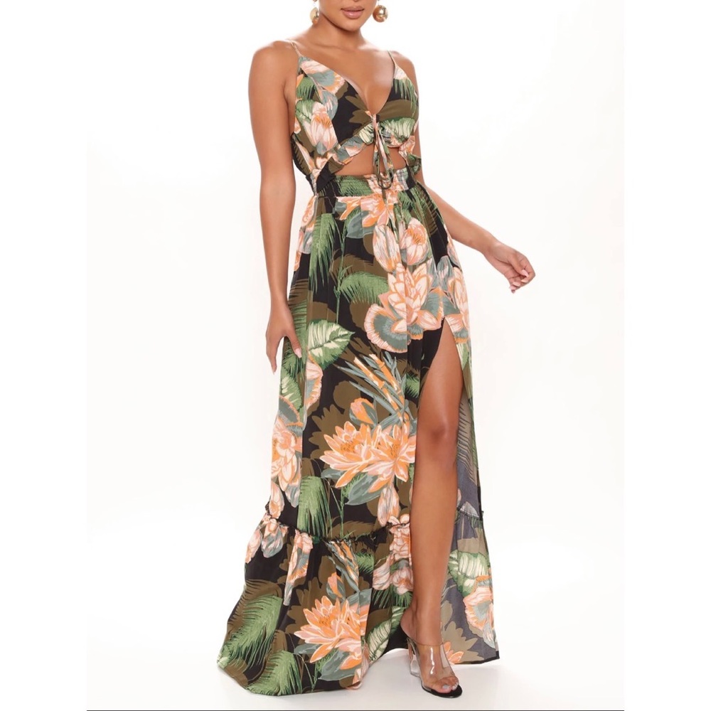 Green jungle floral maxi dress